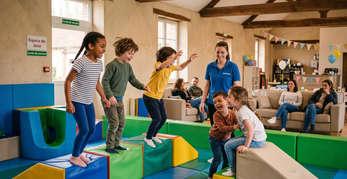 Groupe d'enfants jouant joyeusement lors d'une fête d'anniversaire dans un centre de loisirs indoor de l'Oise, supervisés par un animateur professionnel.