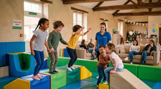 Groupe d'enfants jouant joyeusement lors d'une fête d'anniversaire dans un centre de loisirs indoor de l'Oise, supervisés par un animateur professionnel.