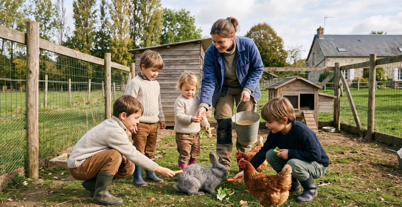 Enfants découvrant et interagissant avec des animaux de ferme lors d'un anniversaire en plein air dans une ferme pédagogique de l'Oise.