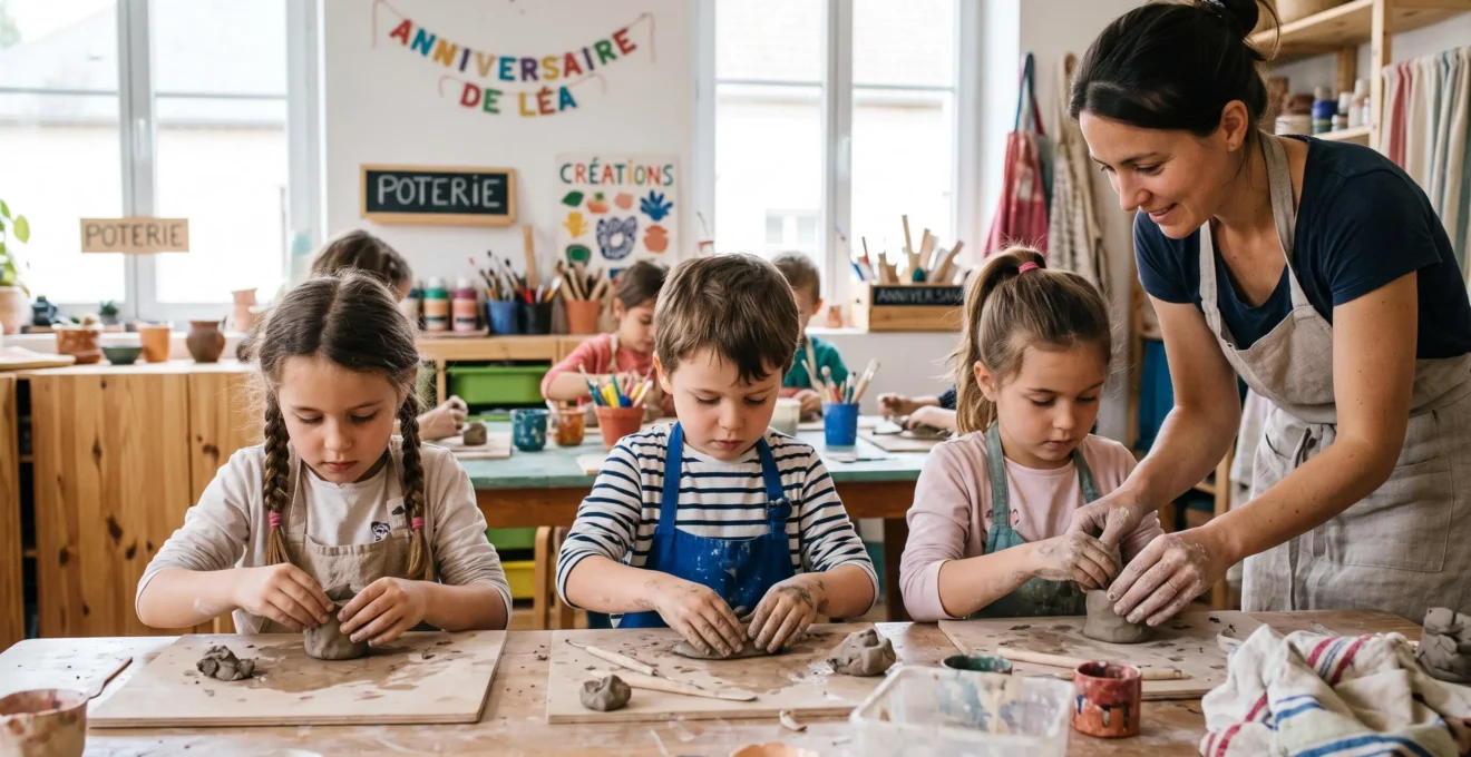 Enfants concentrés lors d'un atelier créatif d'anniversaire, guidés par une animatrice professionnelle dans un espace d'activités de l'Oise.