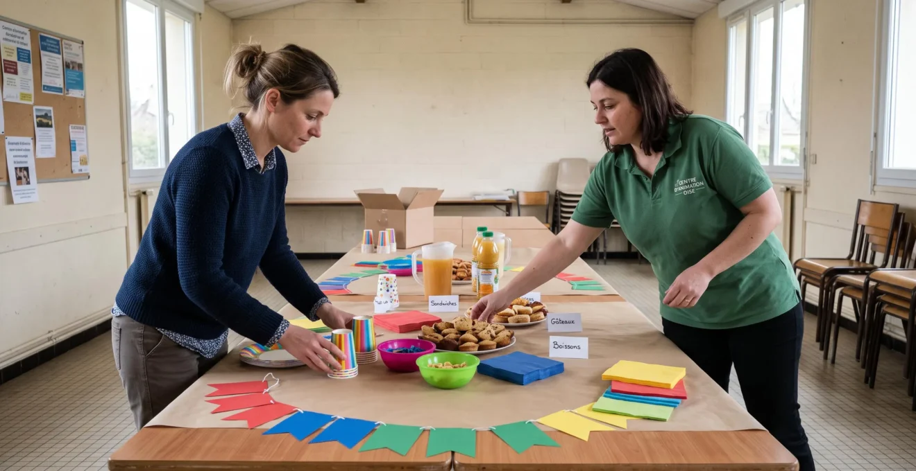 Parent et coordinateur d'événements préparant ensemble une table d'anniversaire dans un espace dédié de l'Oise.